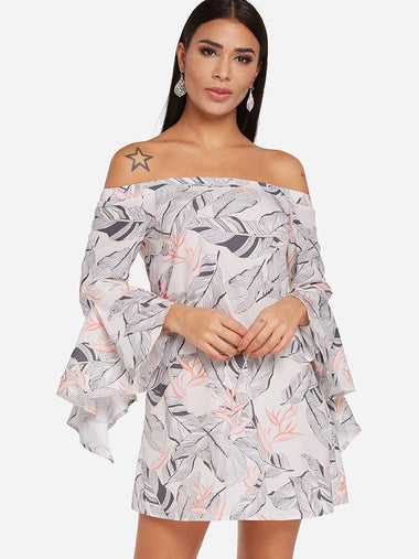 Wholesale White Off The Shoulder Long Sleeve Printed Backless Dresses