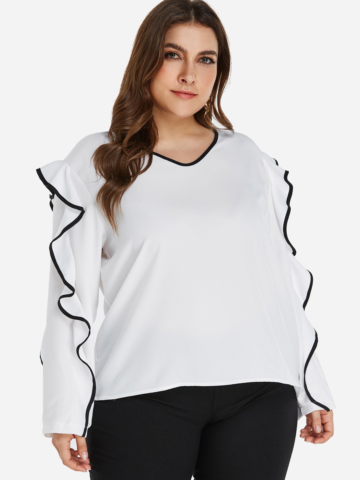 Wholesale Round Neck Plain Ruffle Trim Long Sleeve White Plus Size Tops