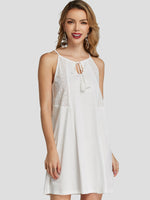 Wholesale White Halter Sleeveless Plain Hollow Spaghetti Strap Ruffle Hem Casual Dress