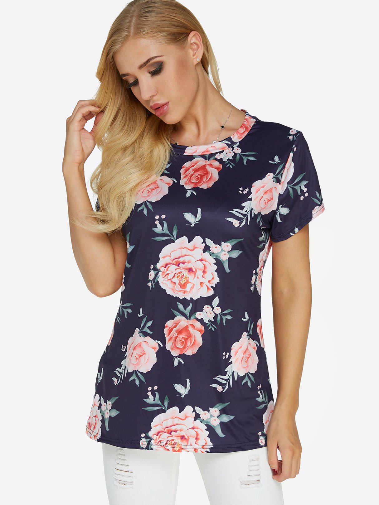 Wholesale Round Neck Floral Print Short Sleeve Navy T-Shirt