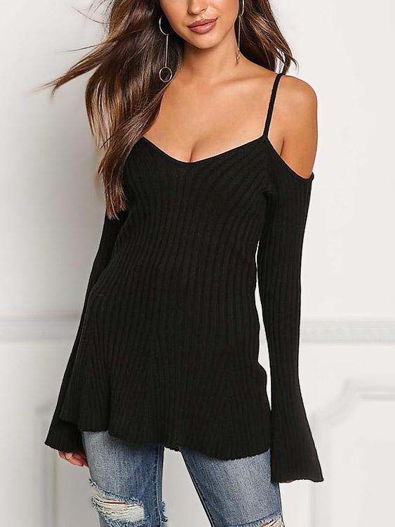 Wholesale V-Neck Plain Long Sleeve Black Top