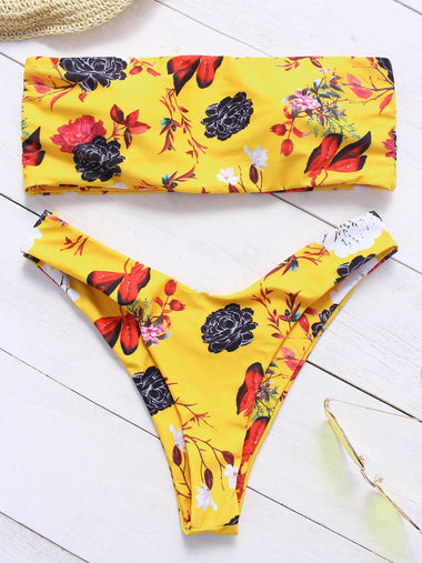 Wholesale Yellow Strapless Sleeveless Floral Print Strapless Bikinis