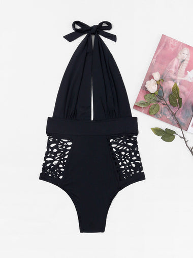 Wholesale Black Deep V Neck Sleeveless Hollow One-Piece Swimsuit