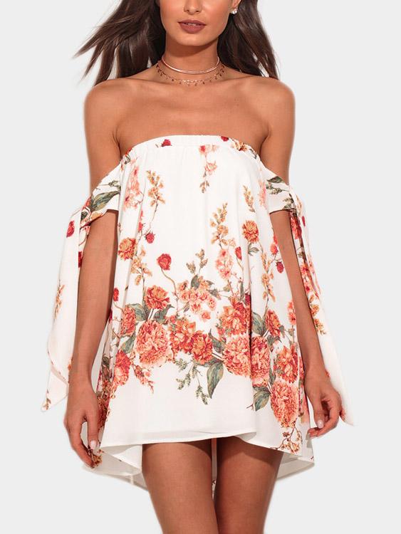Wholesale White Off The Shoulder Short Sleeve Floral Print Dresses