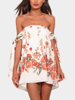 Wholesale White Off The Shoulder Short Sleeve Floral Print Dresses