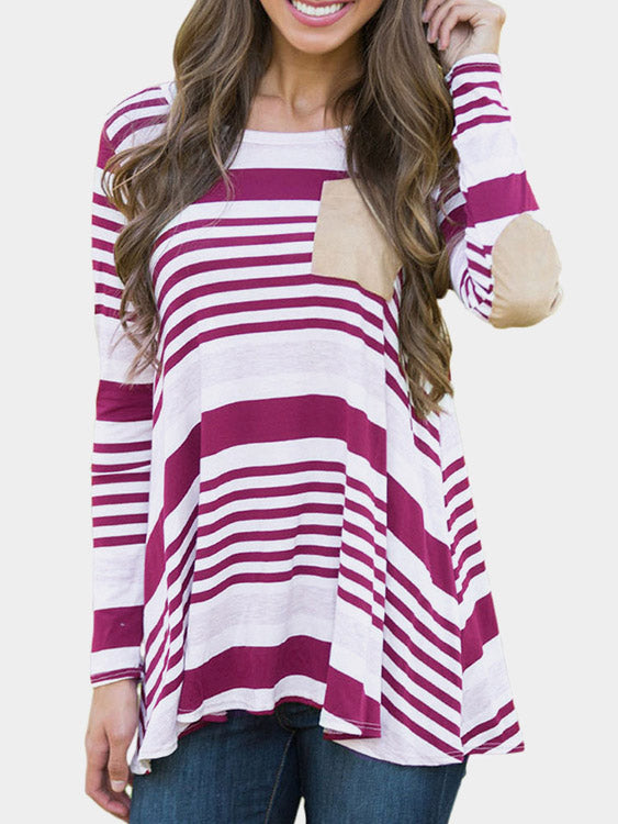 Wholesale Round Neck Stripe Side Pockets Long Sleeve Irregular Hem Plum T-Shirts