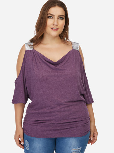 Wholesale V-Neck Cold Shoulder Plain Sequins Embellished Half Sleeve Plus Size Tops
