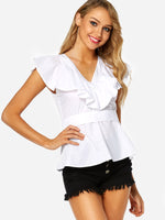 Wholesale V-Neck Lace-Up Short Sleeve Flounced Hem White Blouses