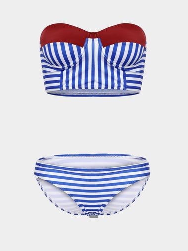 Wholesale Strapless Sleeveless Stripe Slit Two Piece Bikinis