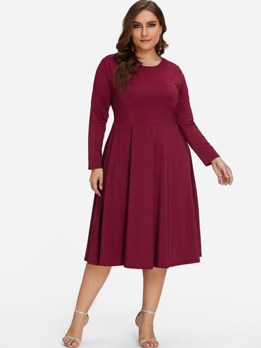 Wholesale Round Neck Plain Long Sleeve Burgundy Plus Size Dress