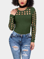 Wholesale Round Neck Plain Hollow Long Sleeve Green T-Shirts