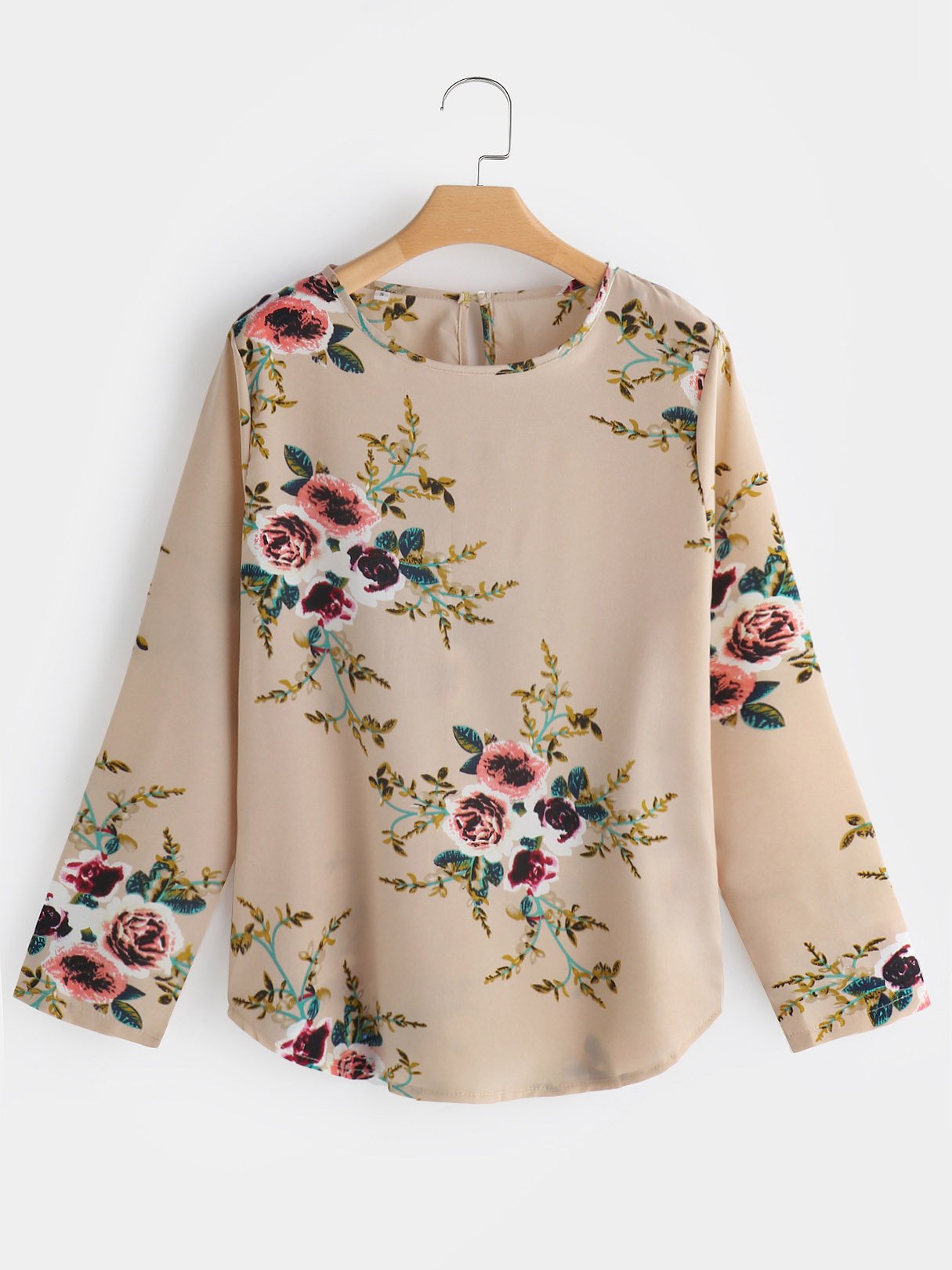 Wholesale Round Neck Floral Print Long Sleeve Irregular Hem Khaki T-Shirts