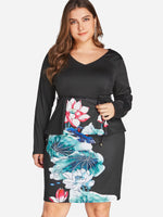 Wholesale V-Neck Floral Print Self-Tie Long Sleeve Black Plus Size Dress