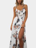 Wholesale White V-Neck Sleeveless Floral Print Backless Lace-Up Slit Hem Maxi Dresses