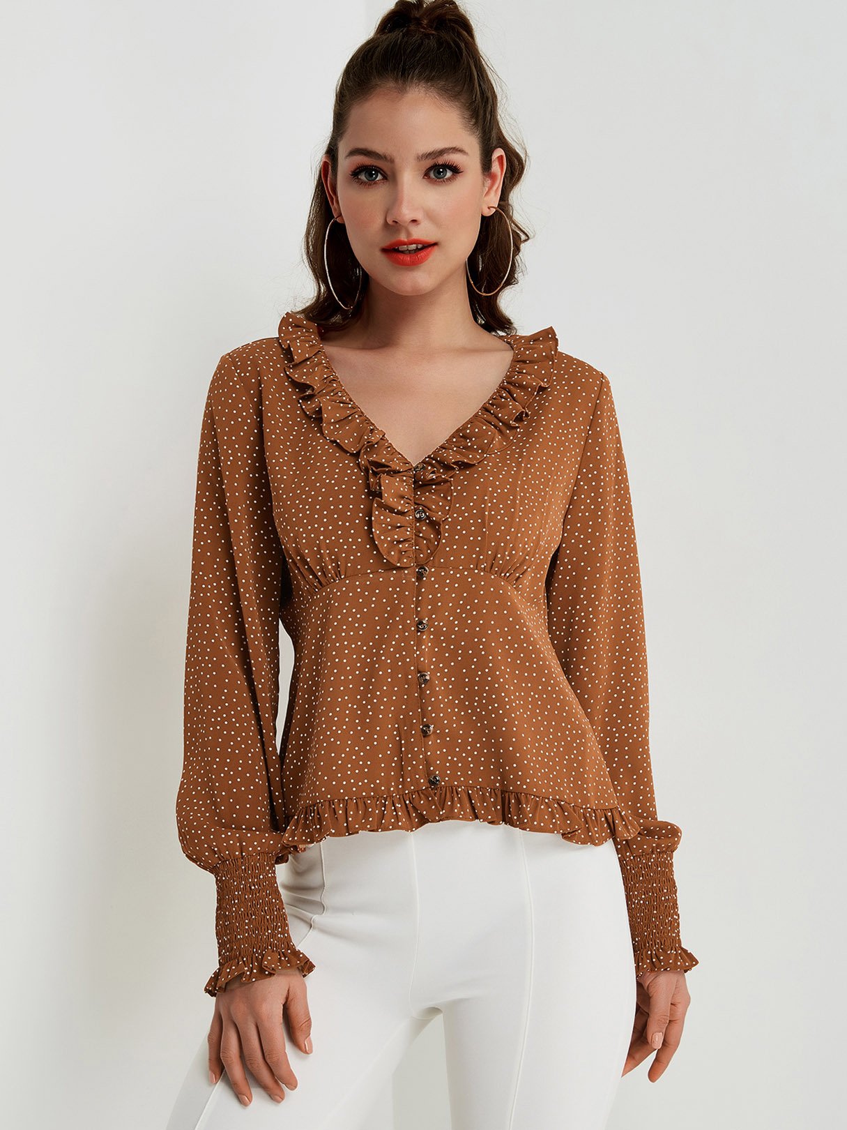 Wholesale V-Neck Polka Dot Pleated Long Sleeve Flounced Hem Brown Blouses