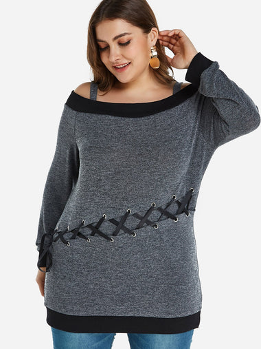 Wholesale Cold Shoulder Plain Lace-Up Long Sleeve Grey Plus Size Tops