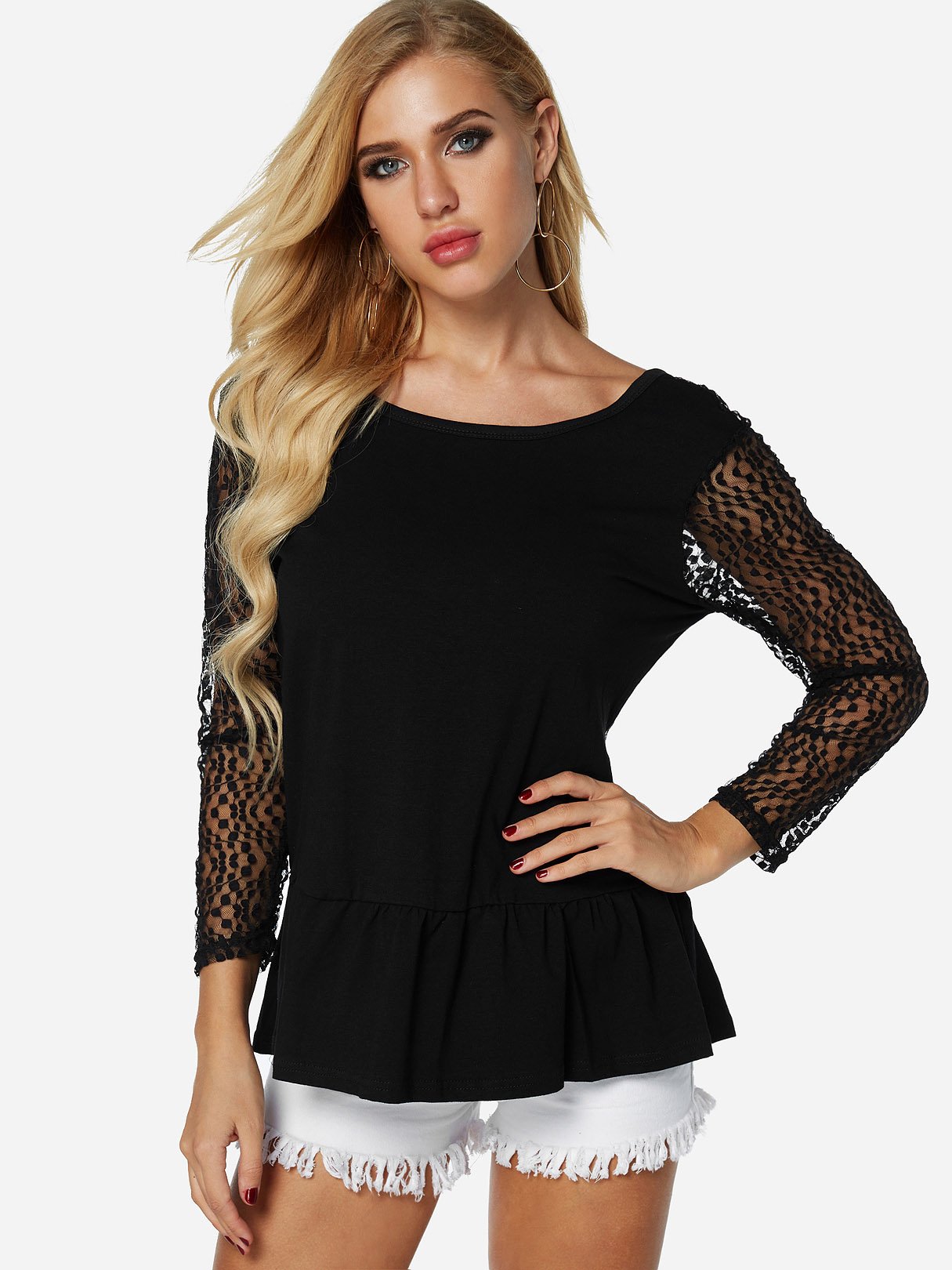 Wholesale Round Neck Plain Lace Backless Long Sleeve Ruffle Hem Black T-Shirts