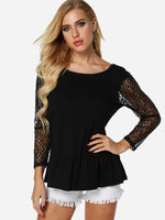 Wholesale Round Neck Plain Lace Backless Long Sleeve Ruffle Hem Black T-Shirts
