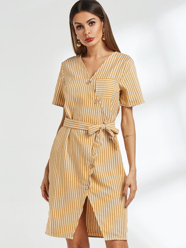 Wholesale Yellow V-Neck Short Sleeve Belt Wrap Casual Dresses