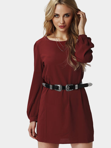 Wholesale Burgundy Round Neck Long Sleeve Plain Mini Dress