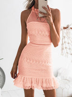 Wholesale Pink Round Neck Sleeveless Lace Zip Back Hollow See Through Flounced Hem Mini Dress