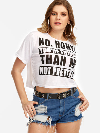 Wholesale Round Neck Letter Short Sleeve White Plus Size Tops