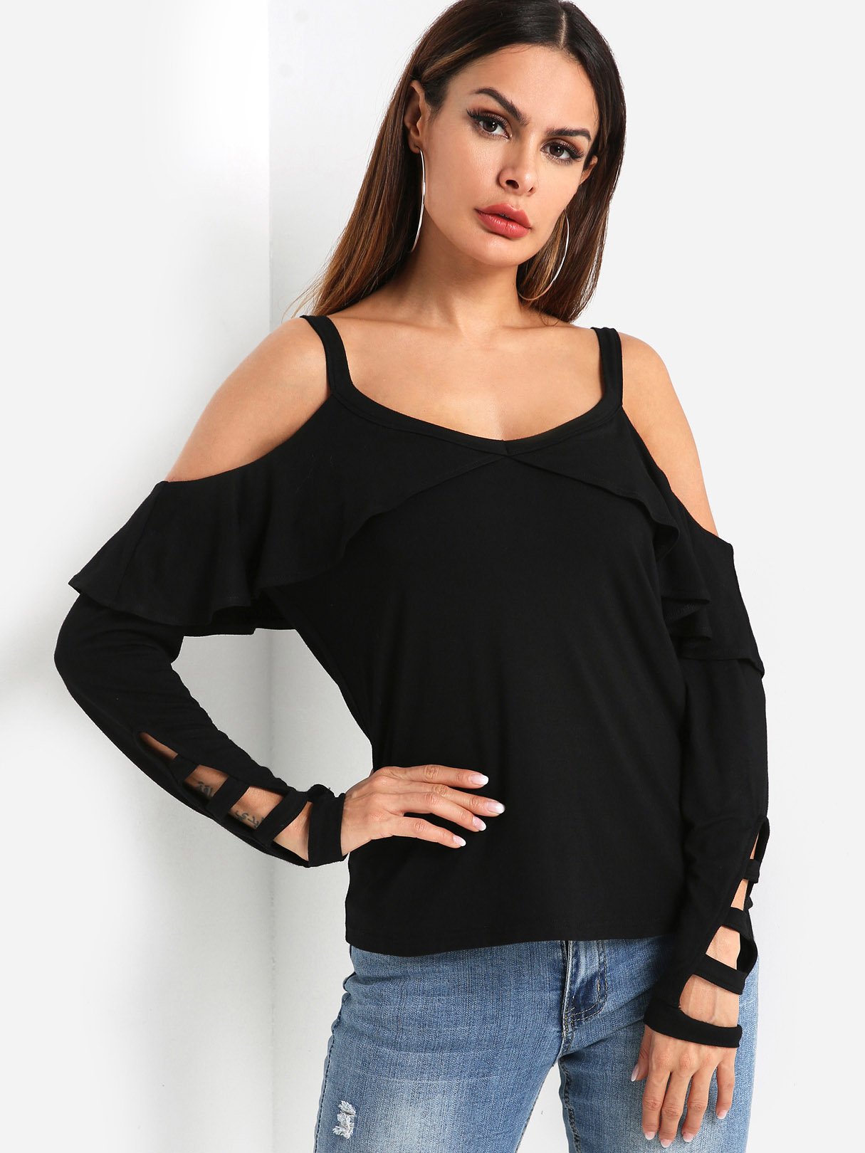 Wholesale Cold Shoulder Plain Cut Out Long Sleeve Black T-Shirts