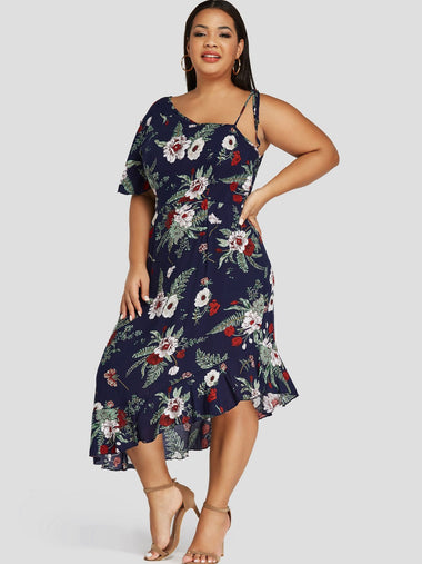 Wholesale One Shoulder Floral Print Self-Tie Ruffle Trim Short Sleeve Irregular Hem Navy Plus Size Dress