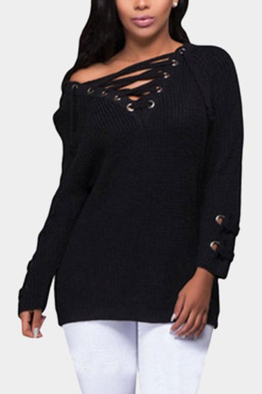 Wholesale Black V-Neck Long Sleeve Lace-Up Sweaters