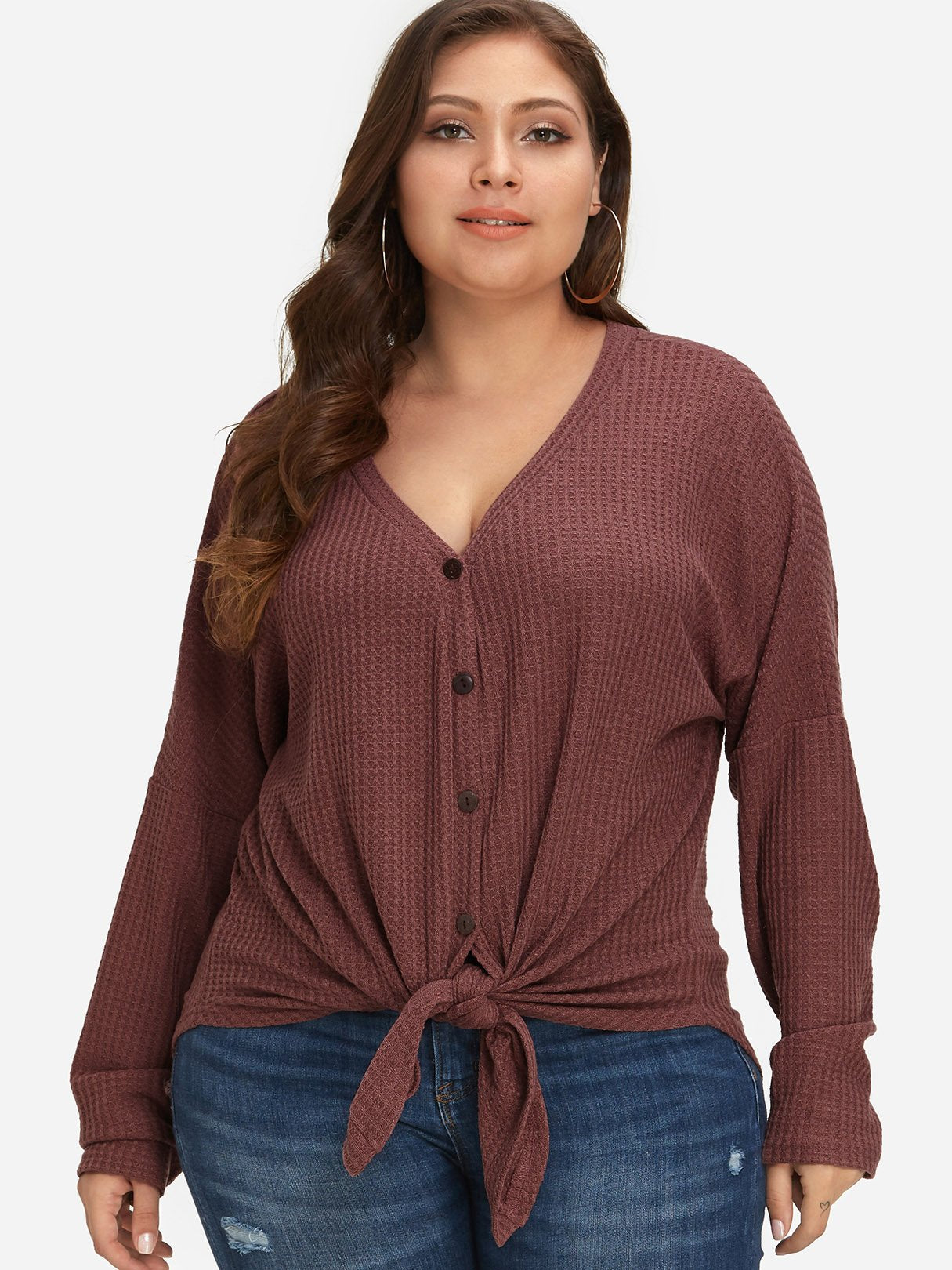 Wholesale V-Neck Plain Self-Tie Long Sleeve Plus Size Tops