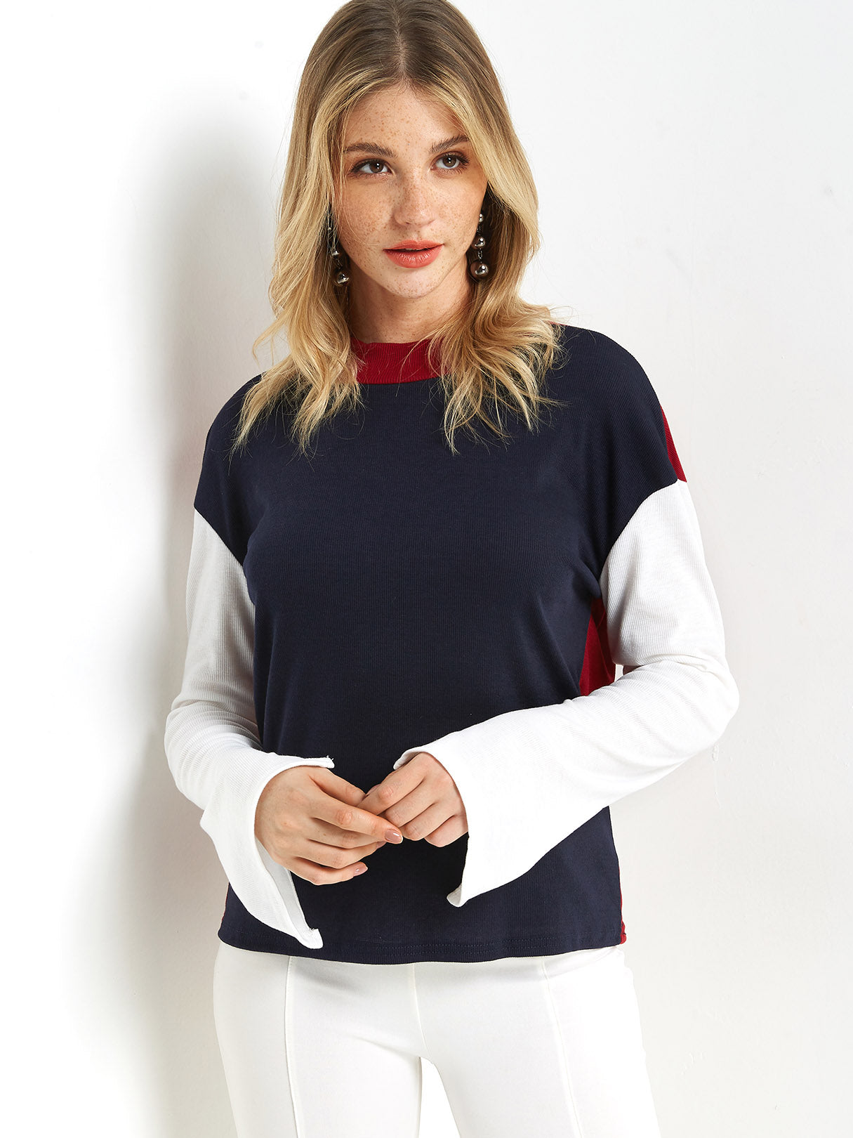 Wholesale Crew Neck Plain Slit Long Sleeve T-Shirt