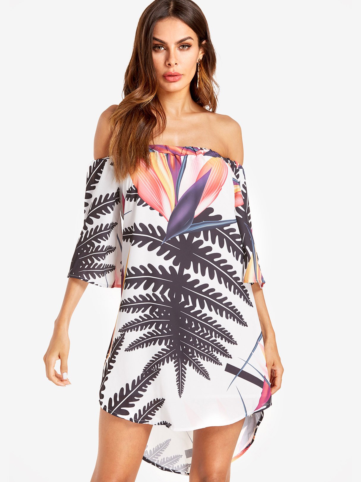 Wholesale White Off Shoulder 3/4 Length Sleeve Floral Print Curved Hem Dresses