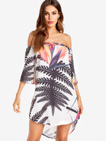 Wholesale White Off Shoulder 3/4 Length Sleeve Floral Print Curved Hem Dresses