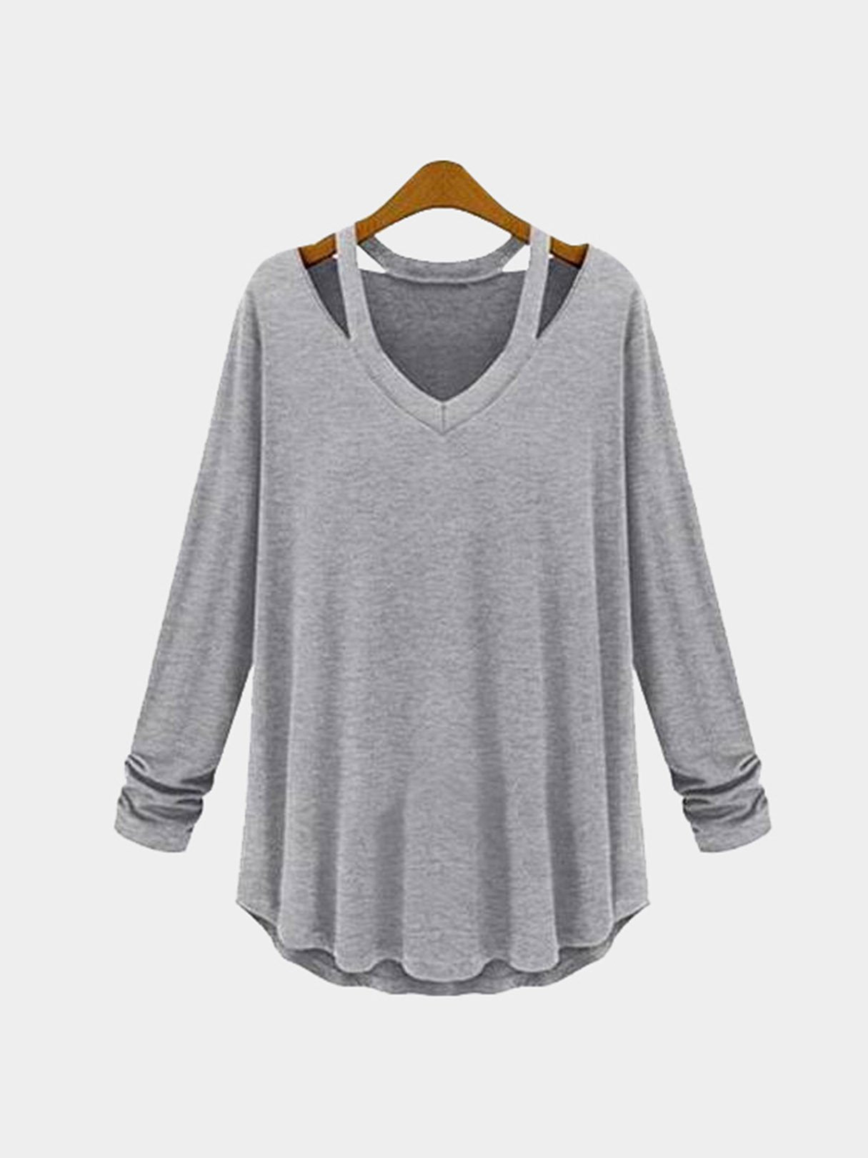 Wholesale V-Neck Plain Cut Out Long Sleeve Curved Hem T-Shirts