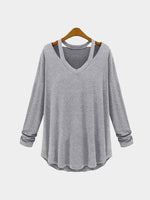 Wholesale V-Neck Plain Cut Out Long Sleeve Curved Hem T-Shirts