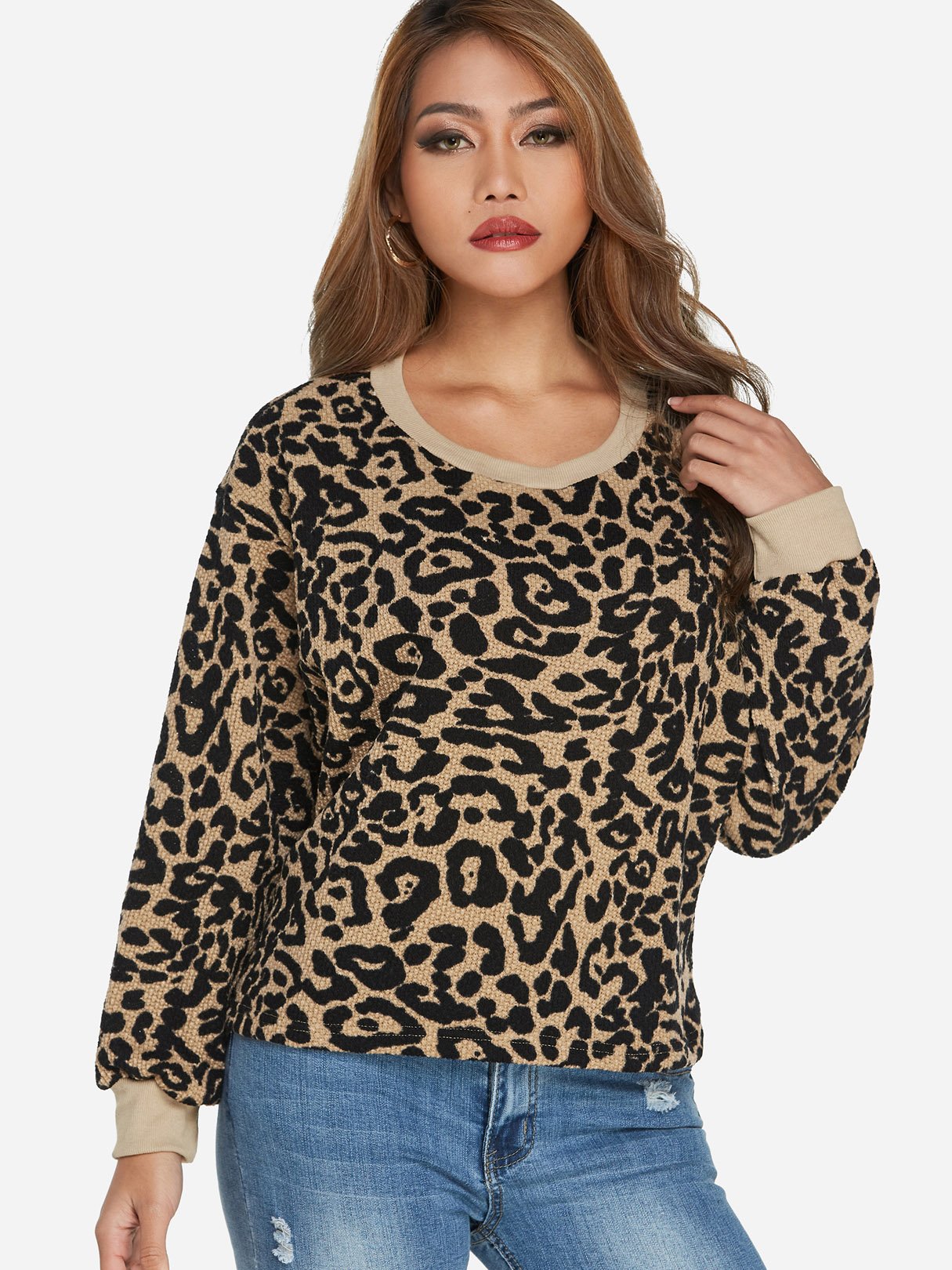 Wholesale Round Neck Leopard Long Sleeve Khaki T-Shirts