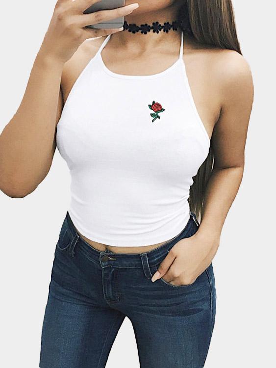 Wholesale Round Neck Halter Embroidered Backless Sleeveless White Camis