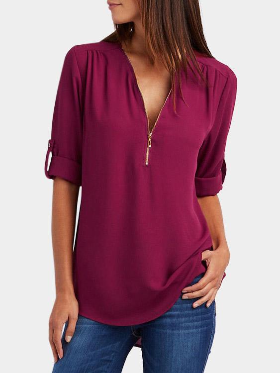 Wholesale V-Neck Plain Zip Back Long Sleeve Curved Hem Burgundy Blouses