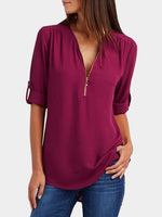 Wholesale V-Neck Plain Zip Back Long Sleeve Curved Hem Burgundy Blouses