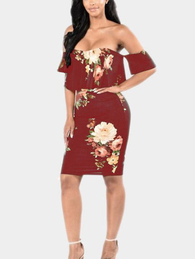 Wholesale Off The Shoulder Floral Print Tiered Short Sleeve Red Dresses