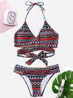Wholesale V-Neck Sleeveless Geometrical Floral Print Crossed Front Bikini Set