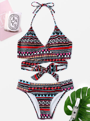 Wholesale V-Neck Sleeveless Geometrical Floral Print Crossed Front Two Piece Bikinis