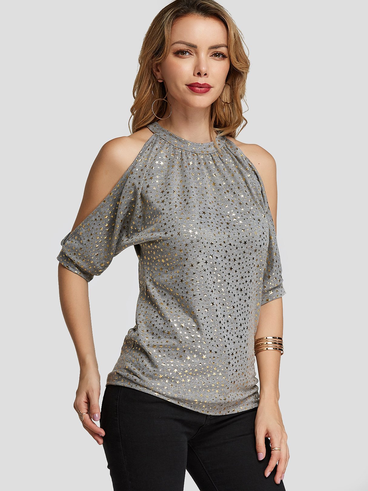 Wholesale Cold Shoulder Star Cut Out Glitter Half Sleeve Gray T-Shirts