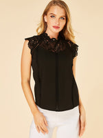 Wholesale Round Neck Lace Insert Sleeveless Black Blouses