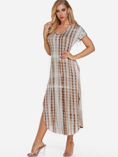 Wholesale V-Neck Short Sleeve Printed Slit Hem Dresses