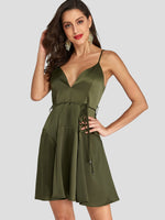 Wholesale Army Green V-Neck Sleeveless Plain Backless Spaghetti Strap Self-Tie Sexy Dress