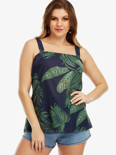 Wholesale Square Neck Printed Sleeveless Plus Size Tops
