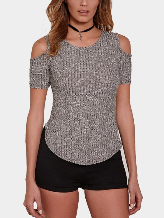 Wholesale Round Neck Cold Shoulder Short Sleeve Gray T-Shirts