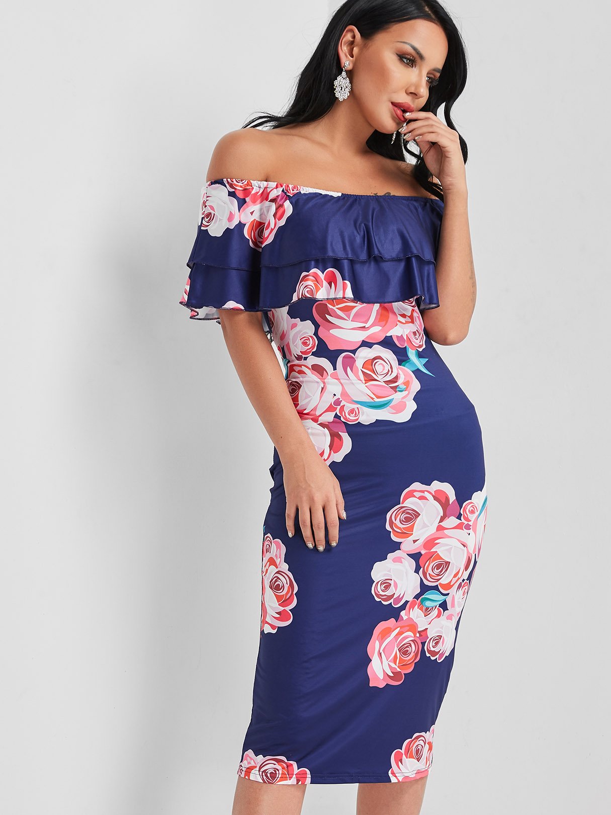 OEM Ladies Dark Blue Floral Dresses