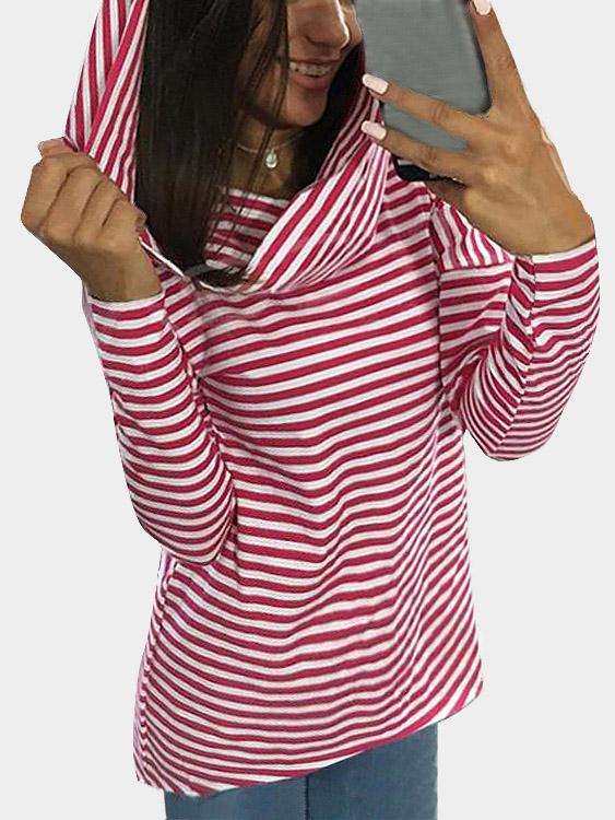 Wholesale Stripe Long Sleeve Irregular Hem Red T-Shirts